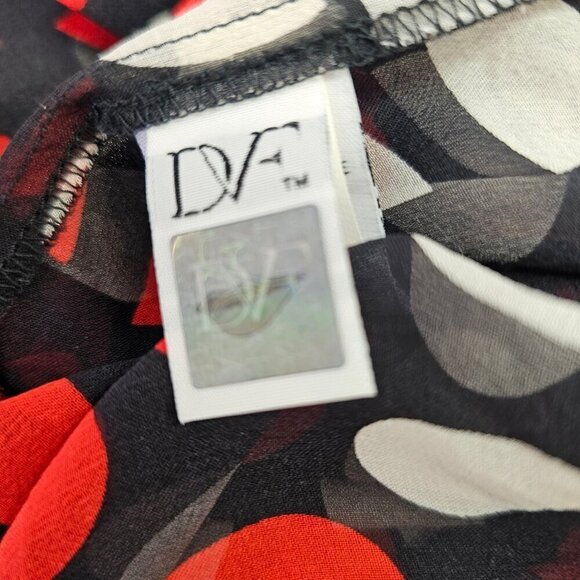 Diane Von Furstenberg 90s Sheer Silk Blouse Women 2 Red White on Black Long Slv - Picture 11 of 13